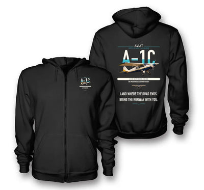 Aviat Husky A-1C-180 design on black premium zipped hoodie, double-side print