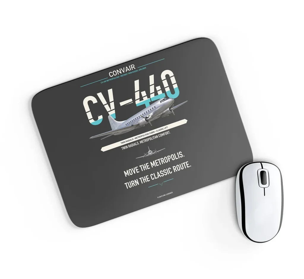 Convair CV-440 Metropolitan design on black rectangle mouse pad
