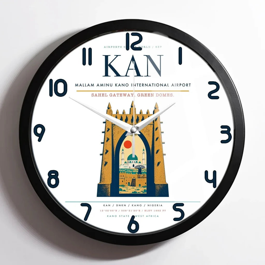 Mallam Aminu Kano International Airport (KAN) design on white framed wall clock