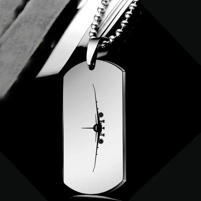 Boeing 787 Silhouette aviation necklace, polished metal body with engraved detail.