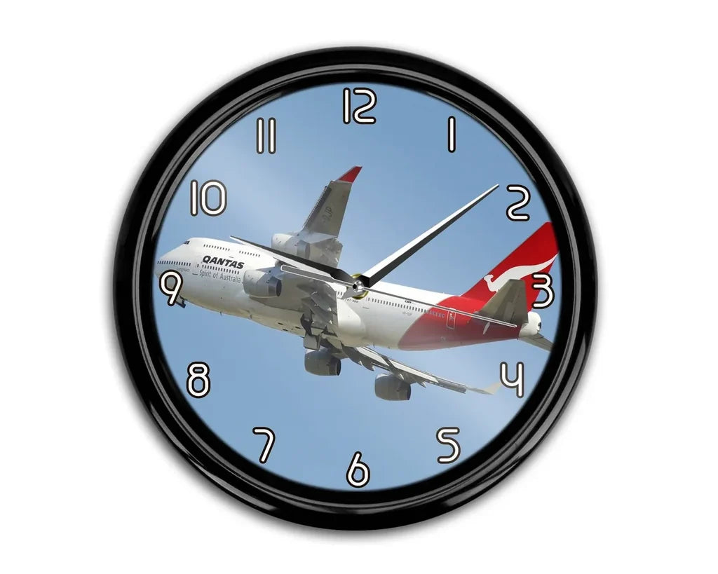 Departing Qantas Airlines Boeing 747 aviation themed wall clock, premium wood and metal.