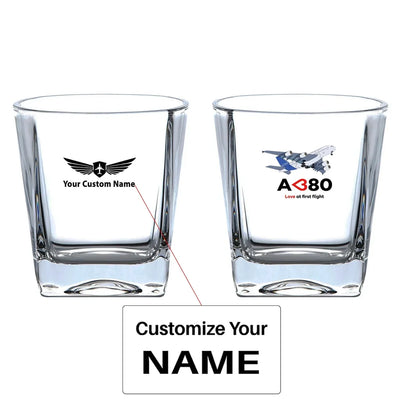 Airbus A380 Love at first flight aviation design on whiskey glass, crystal-clear premium glassware.
