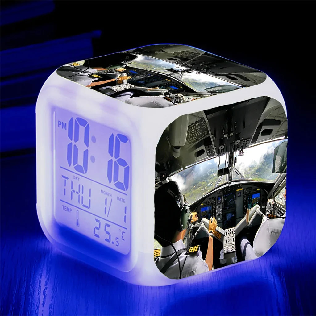 Fantastic Cockpit Shot "7 Colour" Digital Alarm aviation design on premium wood and metal table clock.