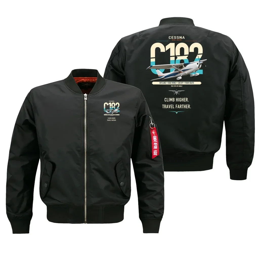 Cessna 182 Skylane design on black bomber jacket, double-side print
