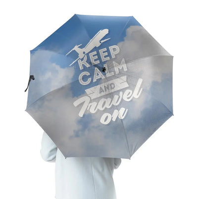 Keep Calm and Travel On aviation design on windproof polyester umbrella.