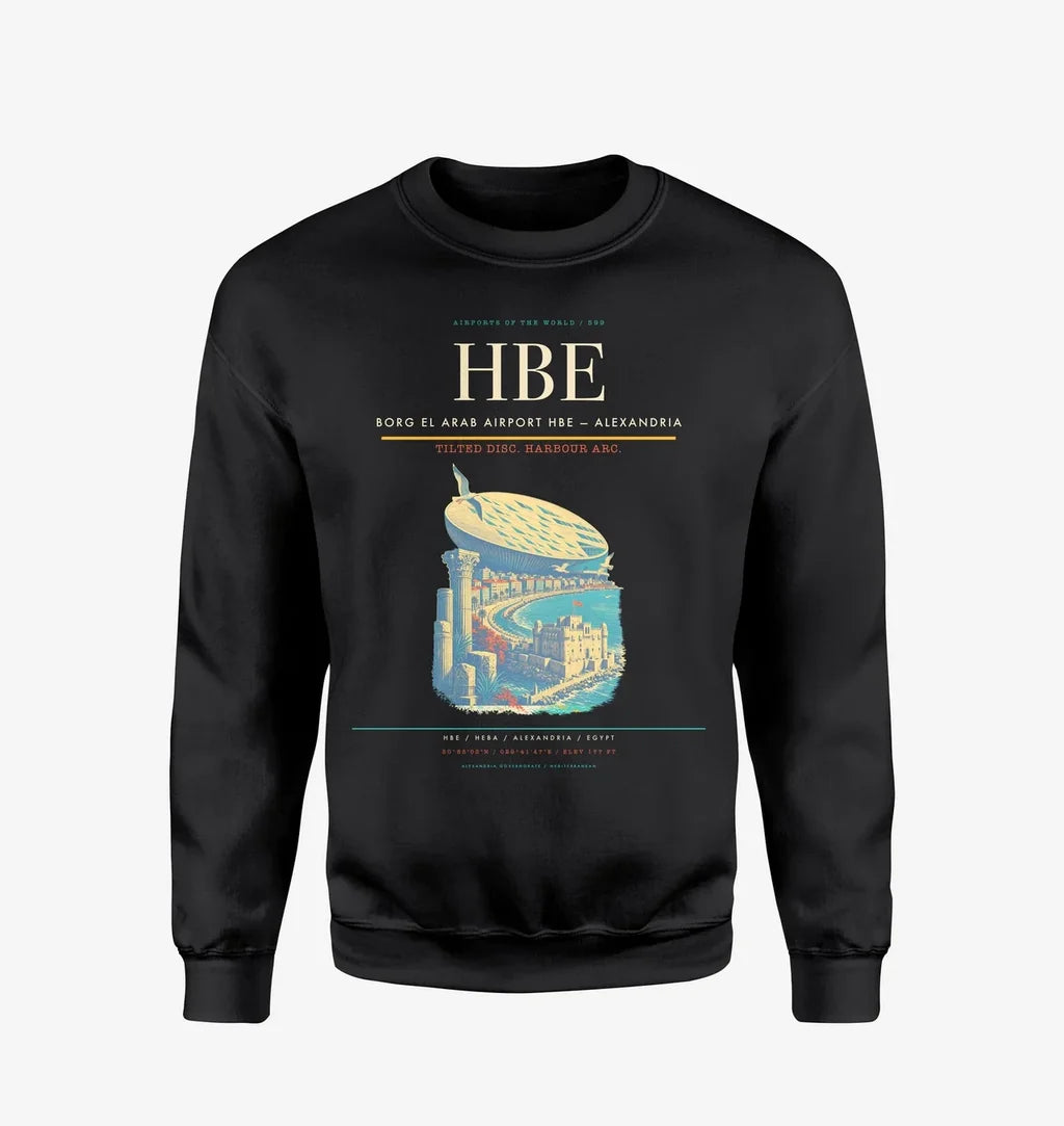 Borg El Arab Airport (HBE) design on black sweatshirt
