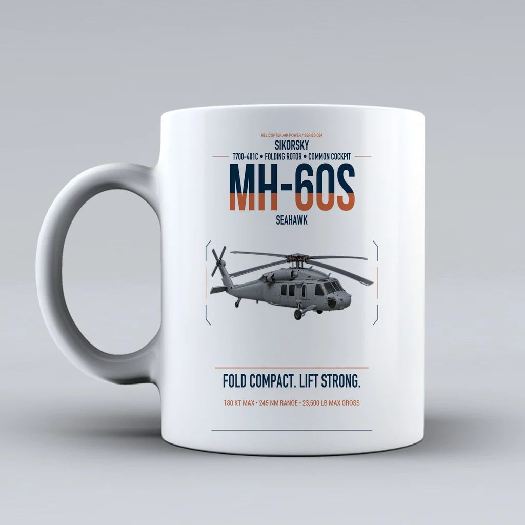 Sikorsky MH-60S Seahawk design on white ceramic mug, double-side print