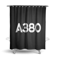 Thumbnail for Airbus A380 Flat Text aviation design on waterproof polyester shower curtain.