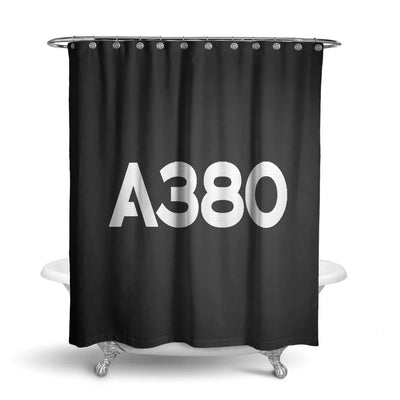 Airbus A380 Flat Text aviation design on waterproof polyester shower curtain.
