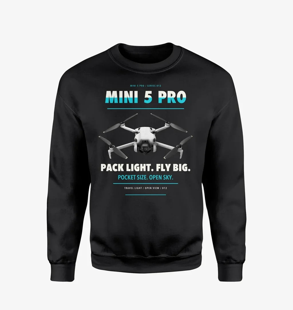 DJI Mini 5 Pro design on black sweatshirt