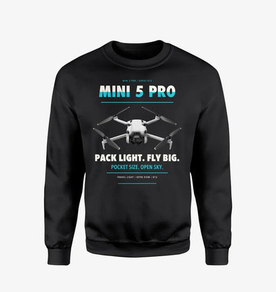 DJI Mini 5 Pro design on black sweatshirt