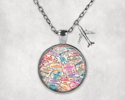 Passport Stamps aviation necklace, stainless steel body with engraved detail.