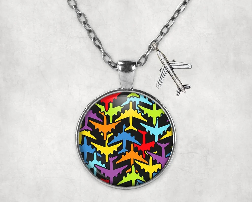 Side view of Super Colourful Airplanes aviation necklace in stainless steel, polished finish.