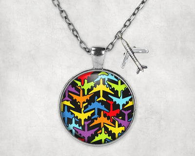 Side view of Super Colourful Airplanes aviation necklace in stainless steel, polished finish.