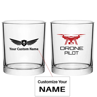 Drone aviation design on whiskey glass, special-edition crystal cut.