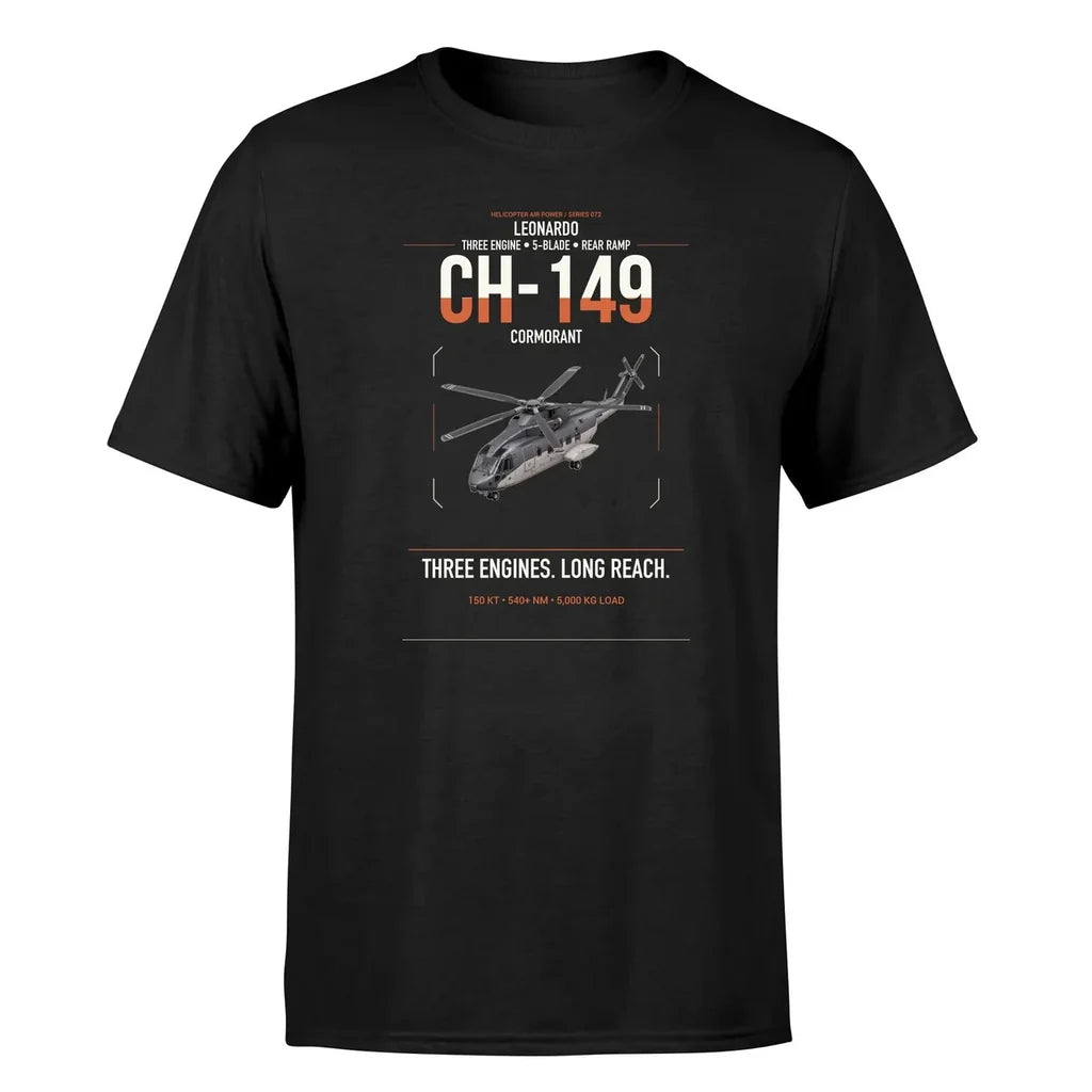 Leonardo CH-149 Cormorant design on black t-shirt, single-side print