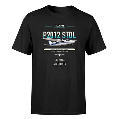 Tecnam P2012 STOL design on black t-shirt, single-side print