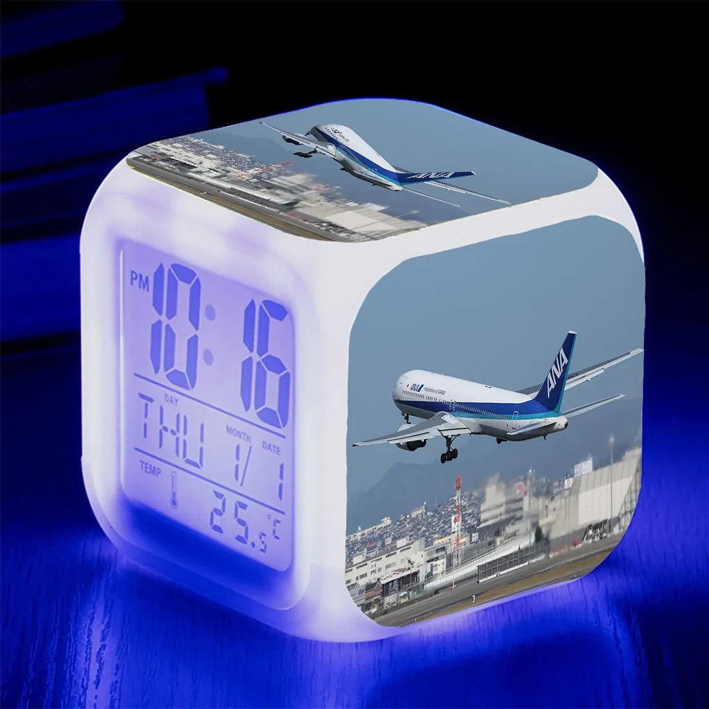 Departing ANA's Boeing 767 "7 Colour" Digital Alarm aviation themed table clock, premium wood and metal.
