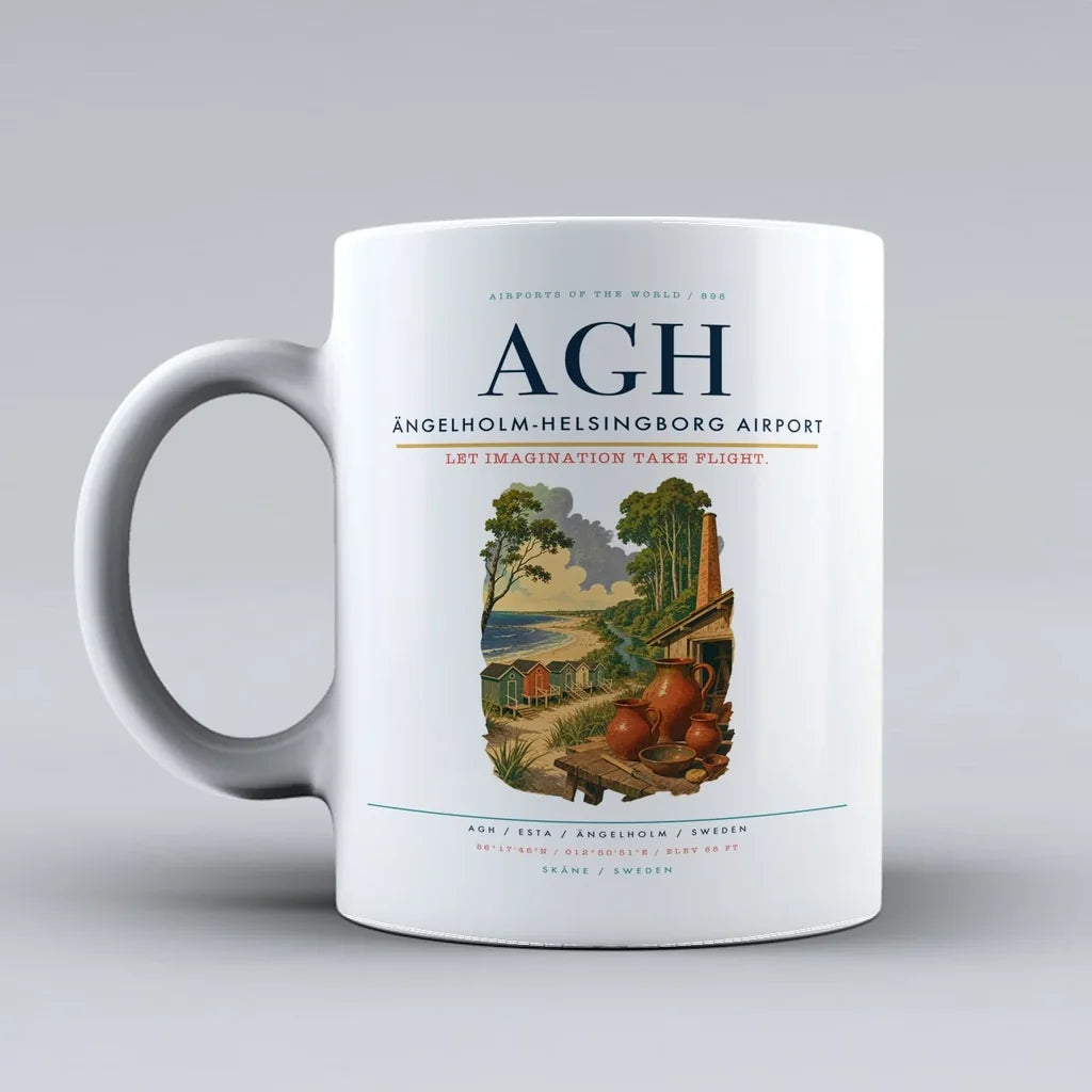 Ängelholm-Helsingborg Airport (AGH) airport code design on white ceramic mug