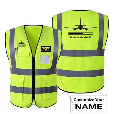 Pilot In Progress aviation design printed on high-visibility reflective fabric reflective vest.