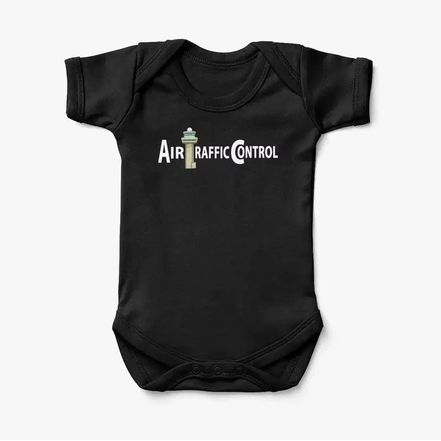 Air Traffic Control aviation print on kids gentle cotton bodysuit.