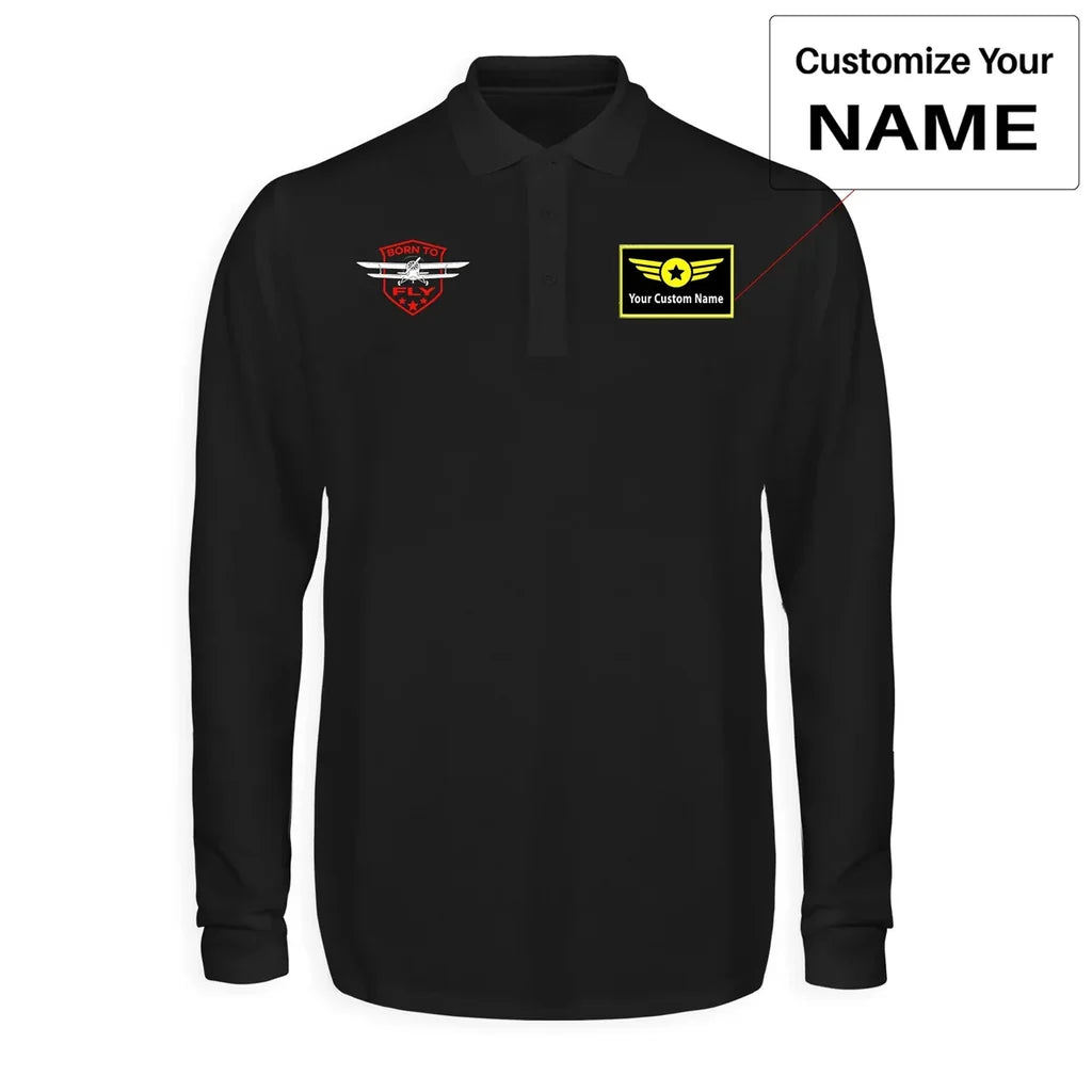 Born To Fly aviation design printed on soft cotton long-sleeve polo shirt.