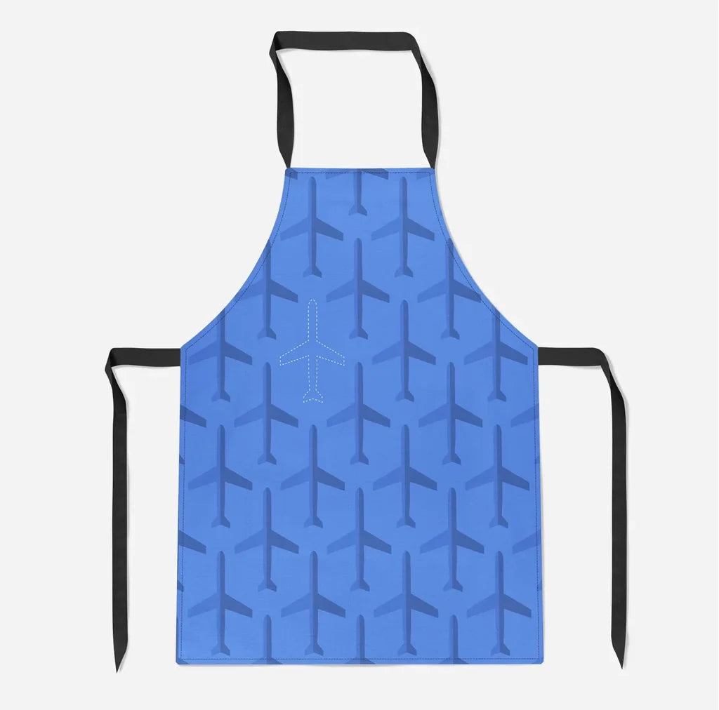 Blue aviation design on durable cotton blend kitchen apron.