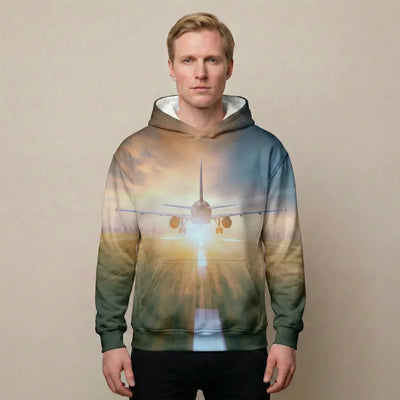 Airplane Flying Over Runway Printed aviation design printed on soft cotton 3D-print T-shirt.