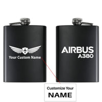 Thumbnail for Airbus A380 & Text aviation design on stainless hip flask, compact pocket-size flask.