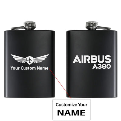 Airbus A380 & Text aviation design on stainless hip flask, compact pocket-size flask.