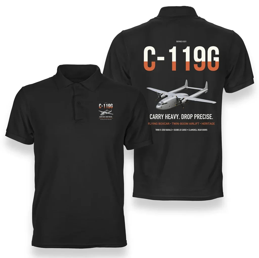 C-119G Flying Boxcar design on black double-side polo t-shirt, double-side print