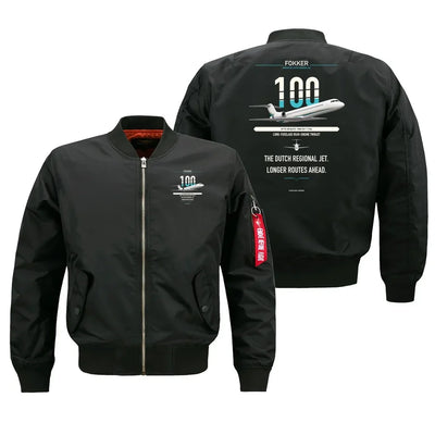 Fokker 100 design on black bomber jacket, double-side print