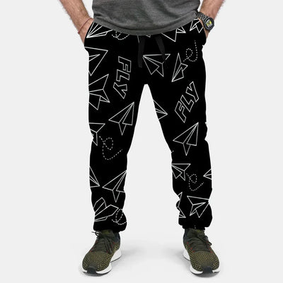 Paper Airplane & Fly Black aviation design on soft cotton blend 3D-printed sweatpants.
