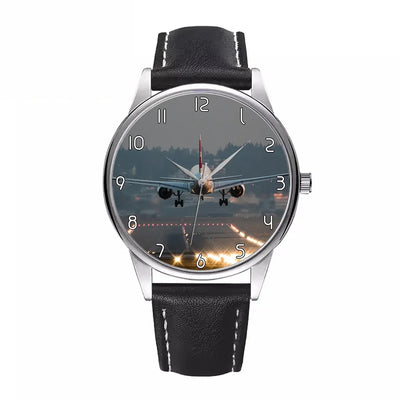 Side view of Magnificant Landing aviation watch with leather strap in leather strap, polished finish.