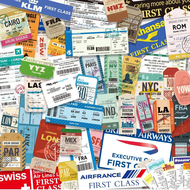 40 Pieces Retro business boarding pass Stickers (Mixed) aviation design sticker in weather-resistant vinyl.