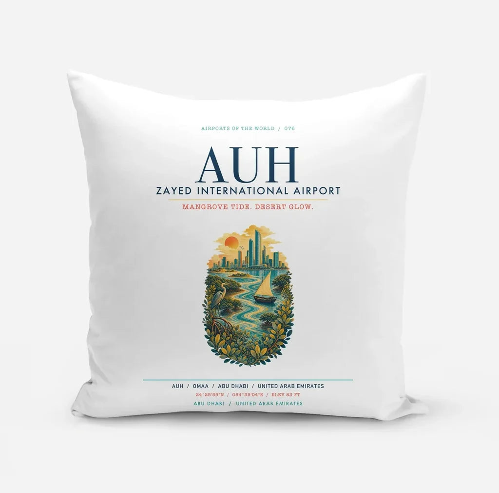 Abu Dhabi Zayed International Airport (AUH) design on white pillow