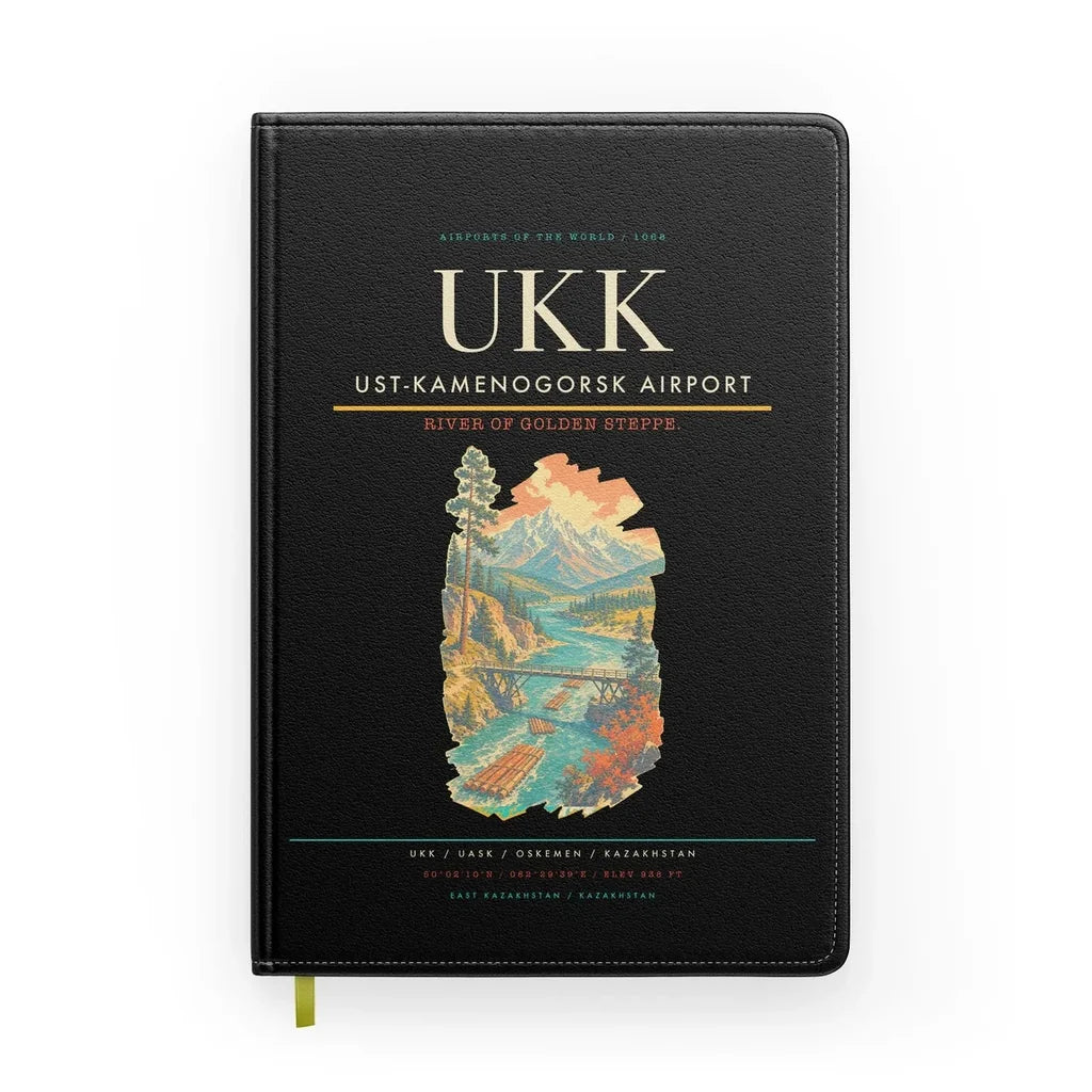 Ust-Kamenogorsk Airport (UKK) design on black notebook