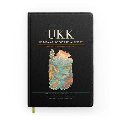 Ust-Kamenogorsk Airport (UKK) design on black notebook