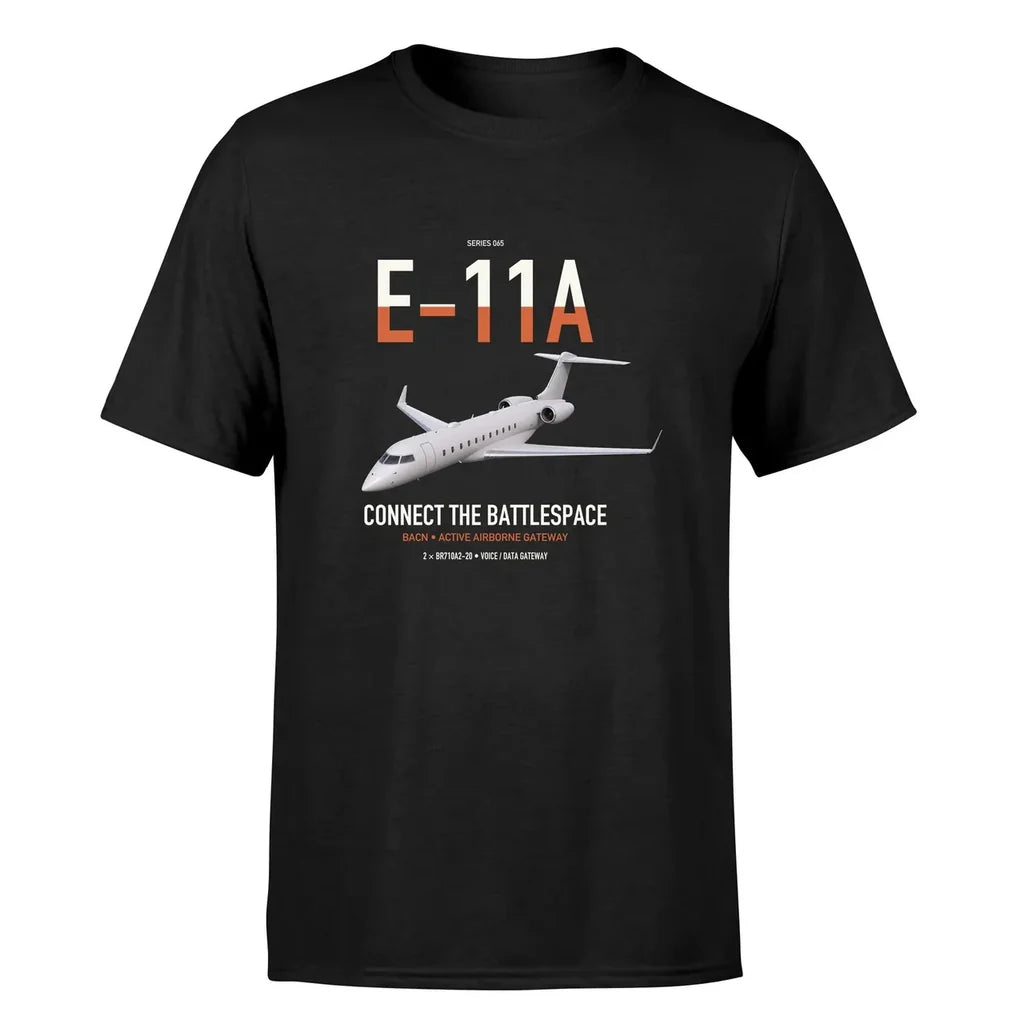 E-11A BACN design on black double-side t-shirt, single-side print