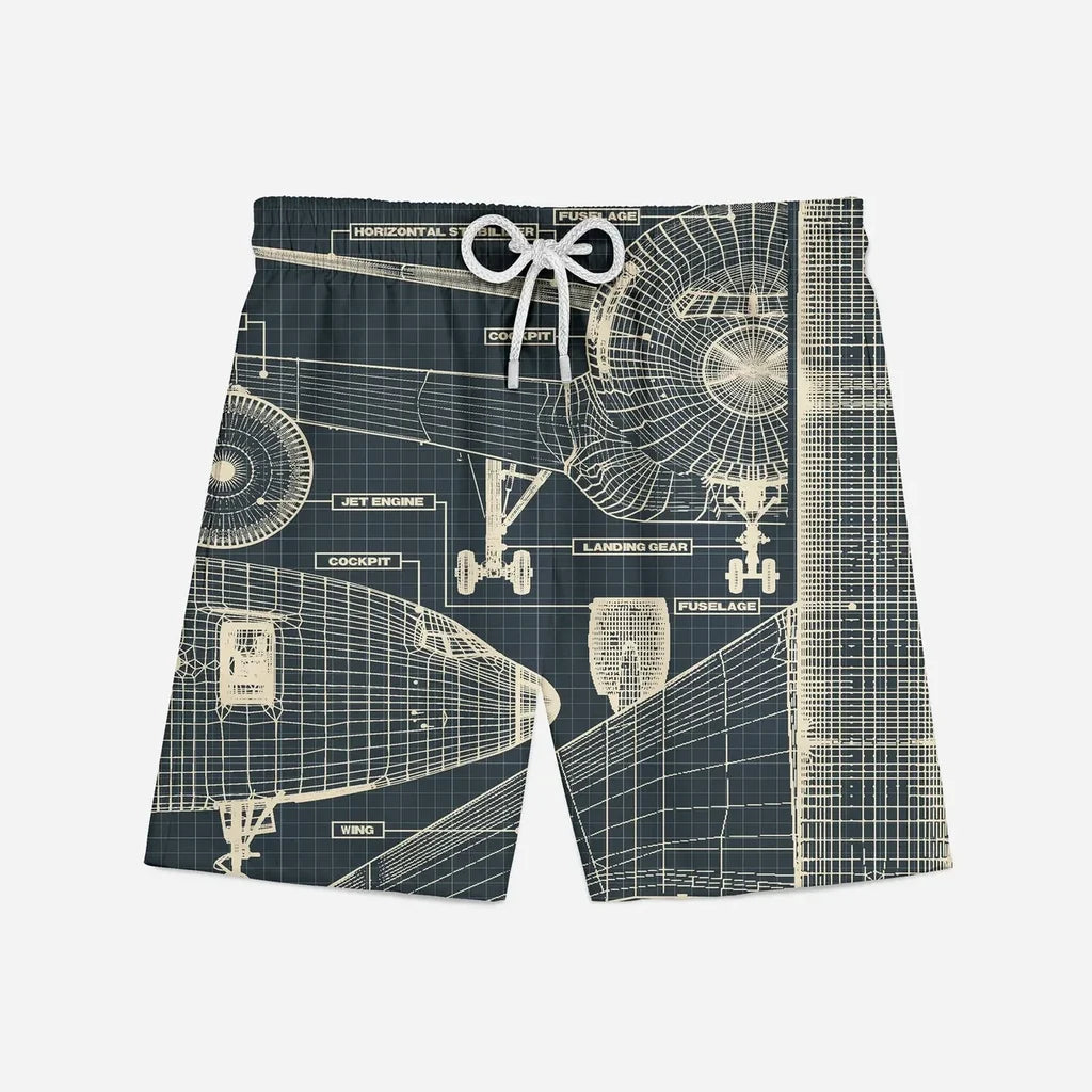 Airplanes Fuselage & Details aviation print swim trunks, quick-dry polyester.