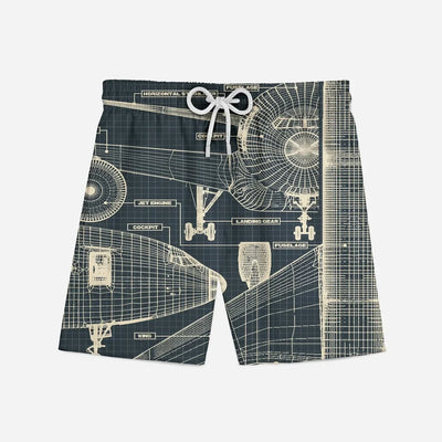 Airplanes Fuselage & Details aviation print swim trunks, quick-dry polyester.