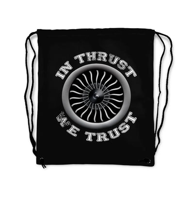 In Thrust We Trust (Vol 2) aviation design drawstring bag, lightweight polyester construction.