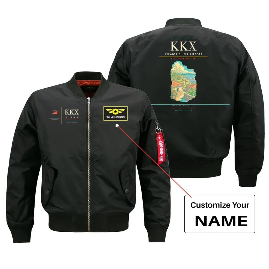 Kikaiga Shima Airport (KKX) design on black bomber jacket with custom name patch
