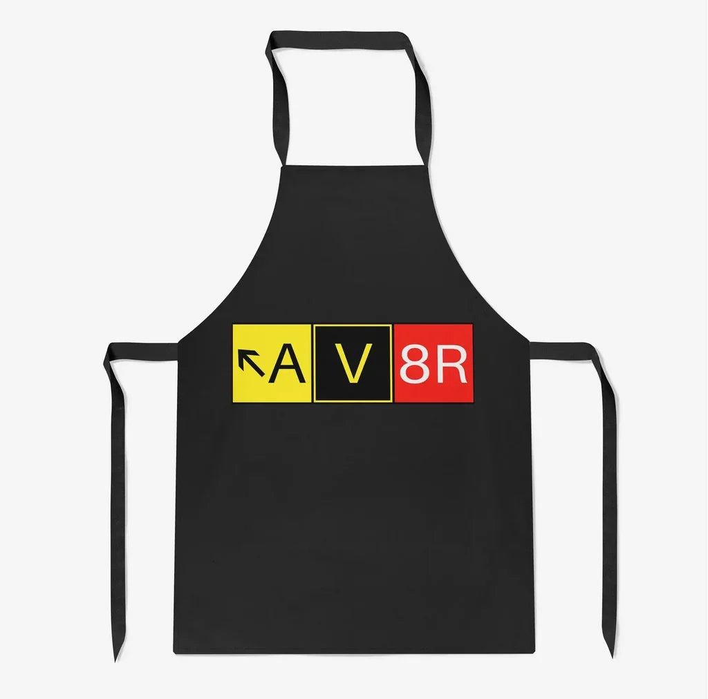 AV8R aviation design on durable cotton blend kitchen apron.