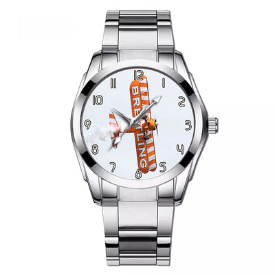 Side view of Breitling Show Aircraft aviation watch with stainless steel band in stainless steel, polished finish.