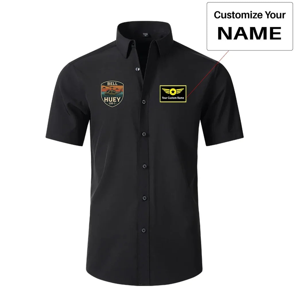 Retro BELL HUEY UH-1 Short Sleeve aviation design printed on soft cotton 2D-printed shirt.