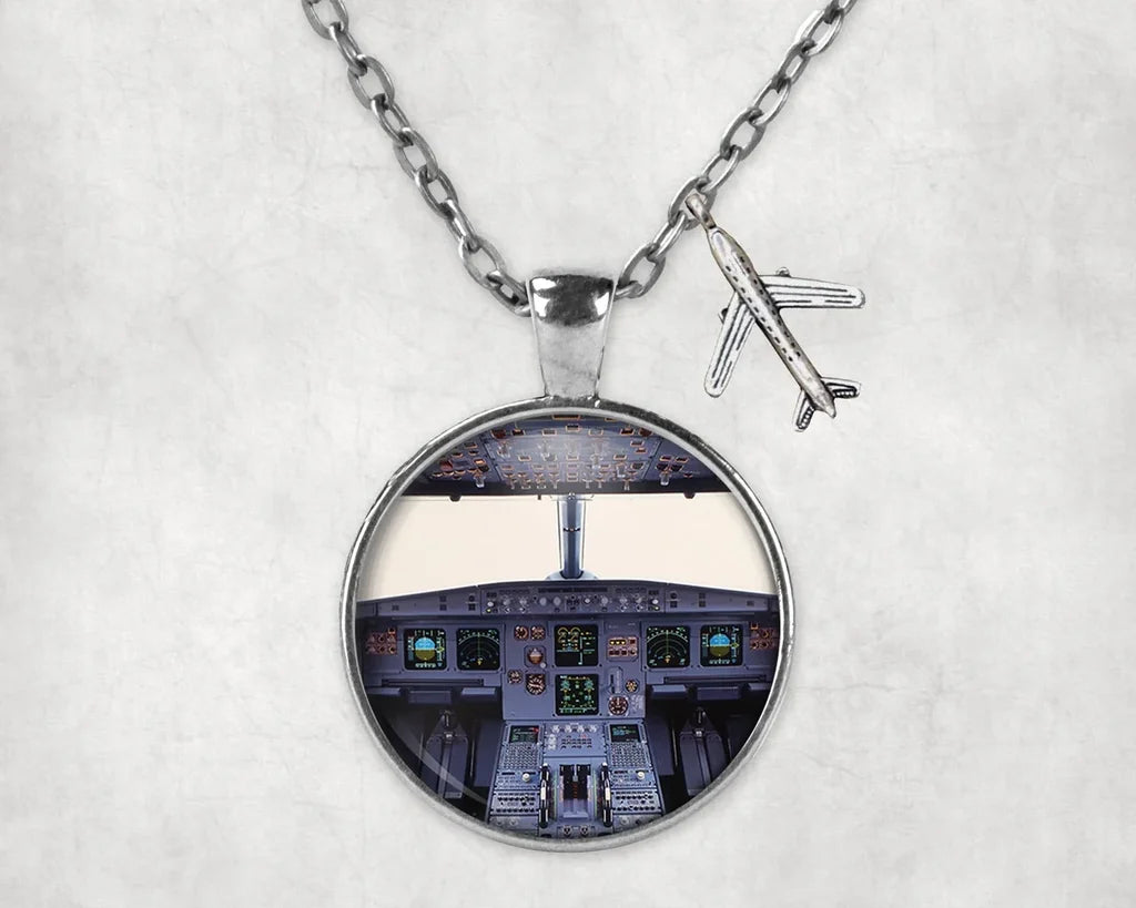 Airbus A320 Cockpit Wide aviation necklace, stainless steel body with engraved detail.