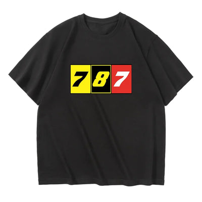 Flat Colourful 787 aviation design printed on soft cotton relax-fit T-shirt.