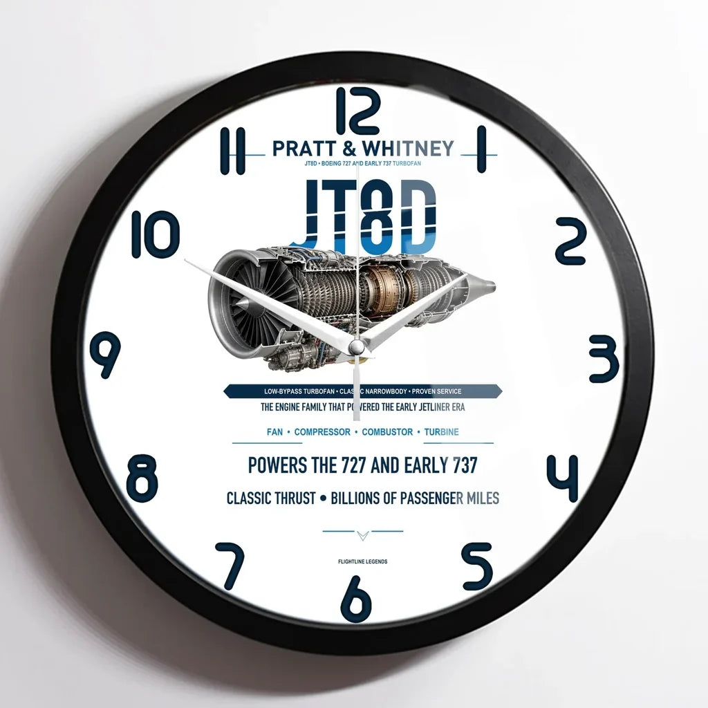JT8D design on white framed wall clock