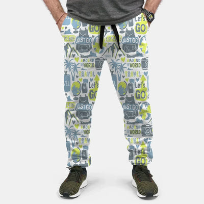 Motivational Travel Badges aviation design on soft cotton blend 3D-printed sweatpants.
